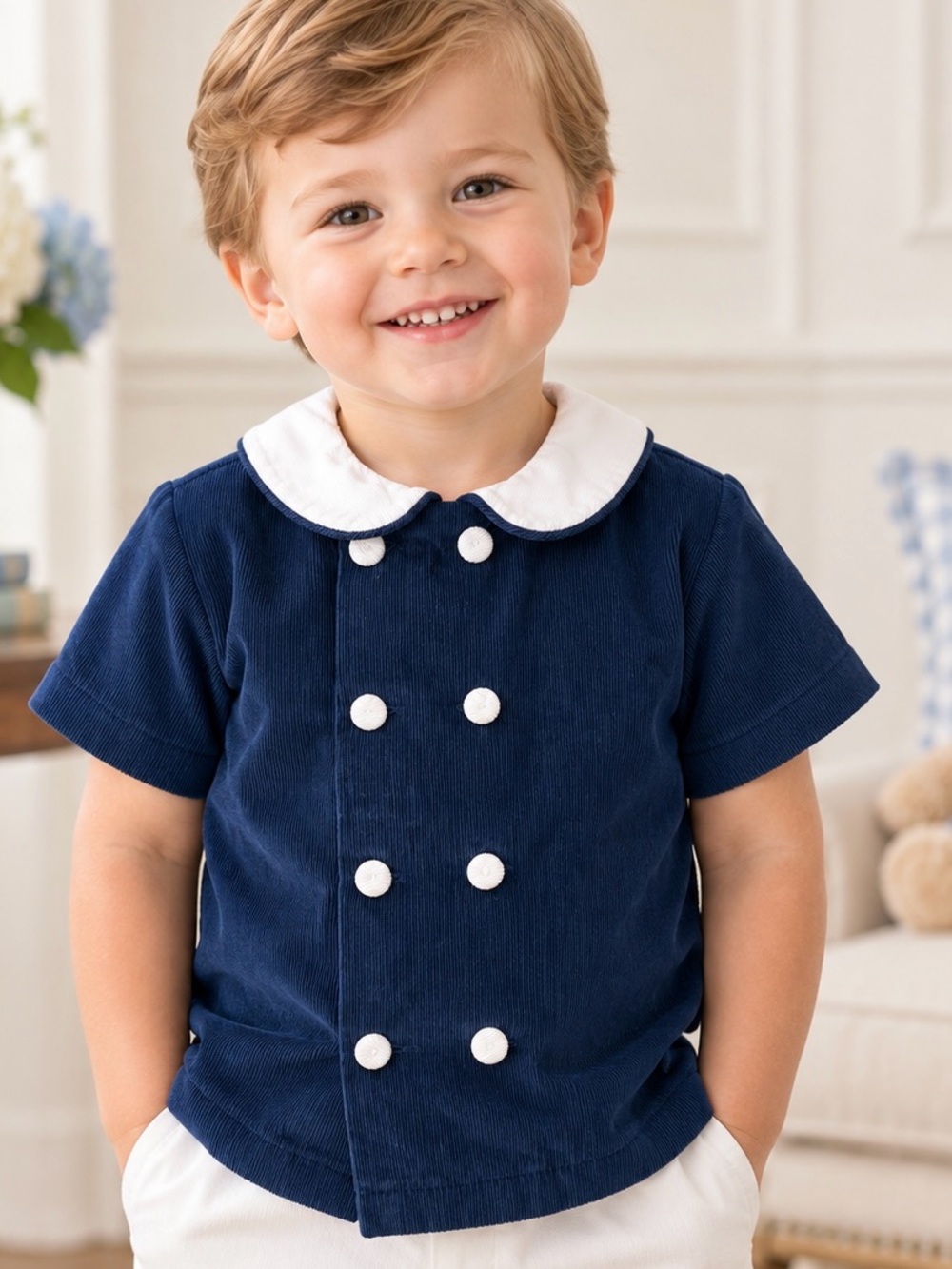 Lullaby Set Boys Navy Corduroy Peter Pan Collar Double Breasted Shirt 18m